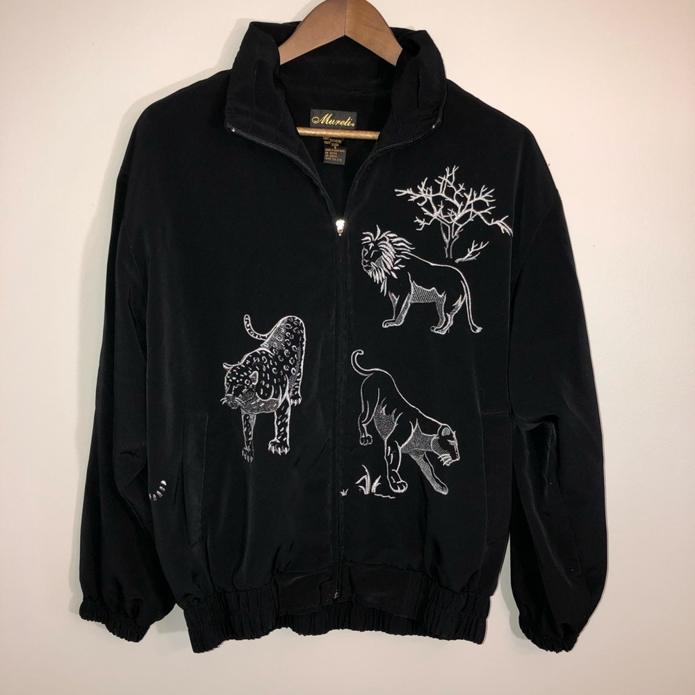 Vintage MURELI Womens Black Track Suit Zipper Jacket Silver Tigers Lions SMALL